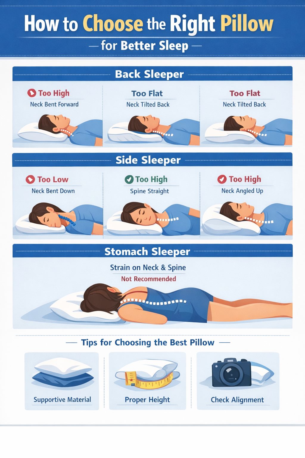 Infographic showing how to choose the right pillow based on sleeping position including back, side, and stomach sleepers for better sleep and spinal alignment